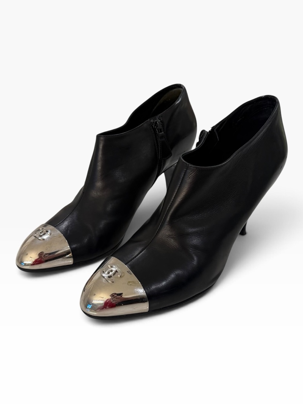 CHANEL Black Leather Ankle Boots with Silver Cap Toe Logo - Picture 3 of 13